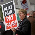 District Court staff hold a protest outside the court in support of their pay claim in Auckland. ...