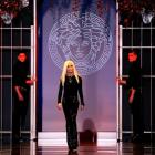 Donatella Versace acknowledges the audience at the end of the Versace Autumn/Winter 2014...