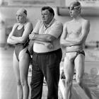 Duncan Laing with star pupils Anna Wilson and Danyon Loader at Moana Pool in 1994. Photo: ODT files.