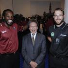 Dunedin Mayor Peter Chin is dwarfed by West Indies cricket captain Chris Gayle and New Zealand...