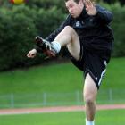Dunedin Technical striker Aaron Burgess gets in some practice at the Caledonian Ground on Monday....