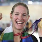 Dunedin track cyclist Alison Shanks celebrates breaking New Zealand's gold medal drought at the...