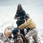 Edmund Hillary and an unnamed climber on Mt Everest during the successful 1953 expedition.