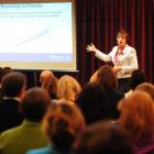 Education Minister Anne Tolley addresses a public meeting last night on National Standards. Photo...