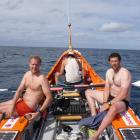 Endurance rowers James Blake (left) and Nigel Cherrie take a break during Team Gallagher's...