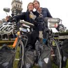 Engaged French couple Marion Dumas Cheilletz and Julien Leblay  taking a break from cycling at...