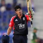England's Alsatair Cook celebrates after reaching his century during the second one-day...