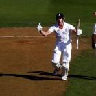 England's Nick Compton celebrates reaching his century as New Zealand's Neil Wagner reacts during...