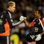 England's Samit Patel (R) celebrates with captain Stuart Broad after England won their Twenty20...