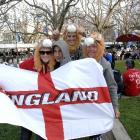 England supporters (from left) Lewis Mason, of Manchester, Rob Young, of Leeds, Anthony Hunt, of...