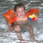 Enjoying a reopened Molyneux Aquatic Centre in Alexandra yesterday is Canadian 2-year-old Alex...