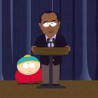 Eric Cartman, left, and an animated version of golfer Tiger Woods are shown in a scene from the...