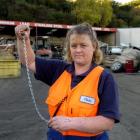 Everitt Enterprises purchasing yard supervisor Vikki Hewson yesterday shows the broken chain...