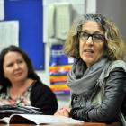Film and media studies professor  Hilary Radner (right talks on a panel discussion with gender...