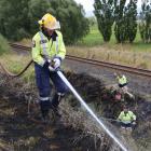 Firefighters at the scene of a grass fire along State Highway 1 near Henley yesterday.  Photo by...