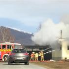 Firefighters battle the blaze at a  Twizel restaurant yesterday. Photo by Sophie Taylor-Brockie.