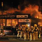Firefighters converge at last night's blaze at Bodyline Collision Panel and Paint in Wharf St,...