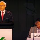 Fletcher Building chairman Roderick Deane addresses shareholders in Auckland yesterday as chief...