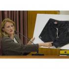 Forensic biologist Sally-Ann Harbison points to a blood-stained area on the shorts David Bain was...