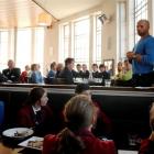 Former All Black captain Anton Oliver talks to secondary school pupils  at the Customhouse Cafe...