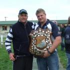 Former Heriot Rugby Club captain Jim Findlay (1978-79) and Heriot captain Blair Young celebrate...