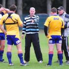 Former Otago prop Steve Cumberland (centre) with Highlanders scrum coach Mike Cron (second from...