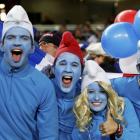 France supporters dressed as Smurfs before their Rugby World Cup quarter-final match against...