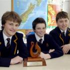 From left, John McGlashan College Year 11 pupils Duncan Wilson, Andrew Dysart and Nat Christensen...