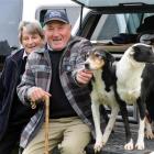 Geoff and Joyce Allison, with dogs Fay and Nell, at the South Island sheep dog trial...
