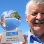 Glenn Turner shows off his Ceat trophy, which he won for being judged the most outstanding player...