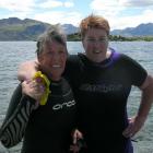 Glennis McMillan and Loraine Tempero celebrate their double crossing to Ruby Island on Saturday....