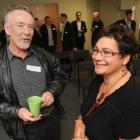 Green Party co-leader Metiria Turei chats with Otago Chamber of Commerce member Tony Williams....