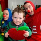 Harris Orbell (4), of Wanaka, meets A Paint Box of Clowns performers (from left) Hamish Parkinson...