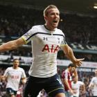 Harry Kane celebrates after scoring the second goal for Tottenham Hotspur against West Ham United...