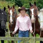 Henrietta Purvis at home at Waianakarua with mounts Dodge (left), Midge, Gilbey and Nickel.