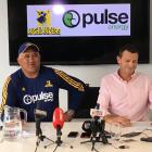 Highlanders coach Jamie Joseph and general manager Roger Clark speak at a press conference in...