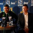Highlanders coach Jamie Joseph (left)  and chief executive Roger Clark answer media questions at...