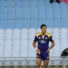 Highlanders first five-eighth Daniel Bowden in front of a nearly empty Railway Stand at...