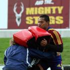 Highlanders flanker Alando Soakai holds a tackle bag at Rugby Park in Invercargill yesterday....
