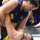 Highlanders props Clint Newland (top) and Bronson Murray grapple for supremacy during an...