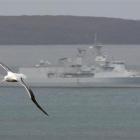 A southern royal albatross flies in front of the navy frigate Te Kaha as she sits at anchor in...