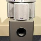 Home theatre equipment, a subwoofer and satellite speakers. Photo by Craig Baxter.