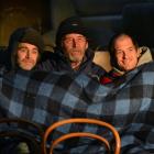 Huddled in the audience seats at Shed 40 in Dunedin yesterday are actors (from left) Jason Whyte,...