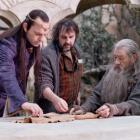 Hugo Weaving (L), director Peter Jackson (C) and Ian McKellen are seen on the set of 'The Hobbit:...