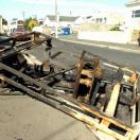 Burn-out . . . The remains of a bed burnt in Hyde St on Monday night. Photo by Peter McIntosh