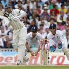 India's Rahul Dravid plays a shot off the bowling of England's Kevin Pietersen during the fourth...