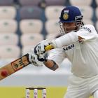 India's Sachen Tendulkar hits a shot during the first day of their first test cricket match...