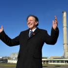 Invercargill Mayor Tim Shadbolt, outside the Tiwai Point aluminium smelter, celebrates yesterday...