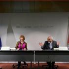 Iranian Foreign Minister Mohammad Javad Zarif (right) gestures next to European Union foreign...