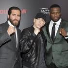 Jake Gyllenhaal, Eminem and Curtis '50 Cent' Jackson attend the premiere of "Southpaw" in New...